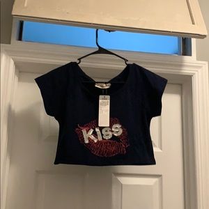 Blue crop top with kiss letters